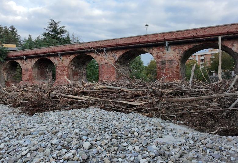 Pianoro Vecchio, una montagna di tronchi blocca parzialmente il fiume